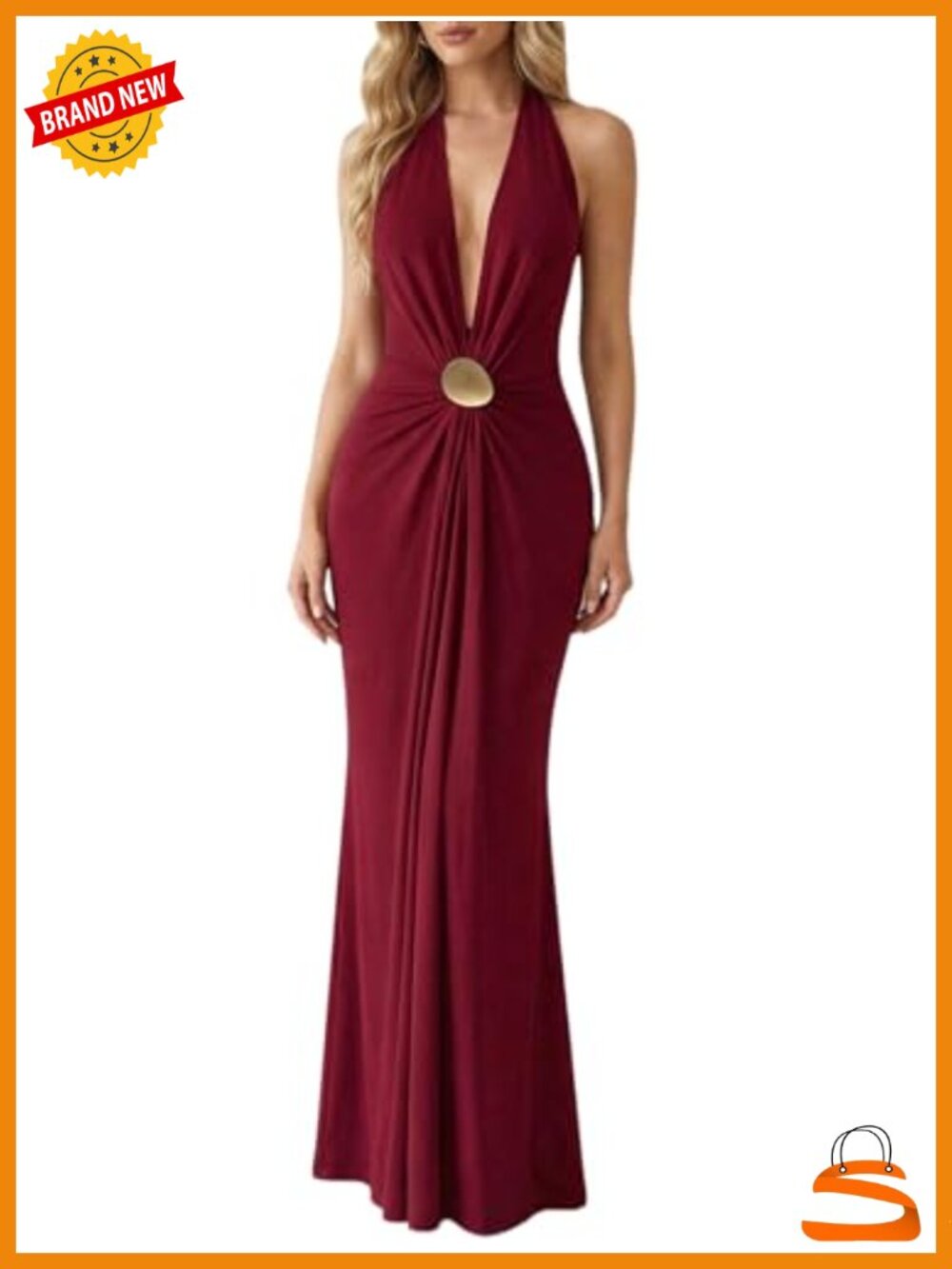 Women's Halter Maxi Dress Deep V Neck Ruched Bodycon Backless Formal